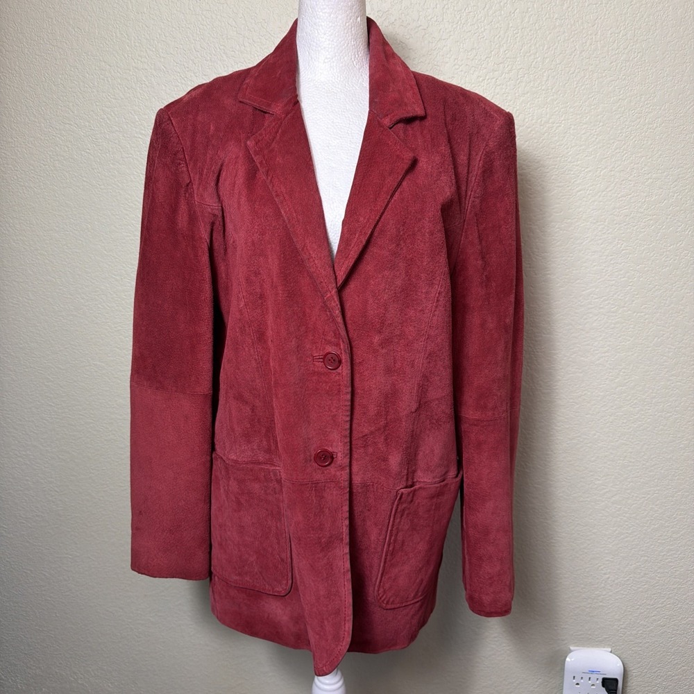 St Johns Bay Suede Leather Jacket Women Large Burgundy Blazer Coat Button VTG 90